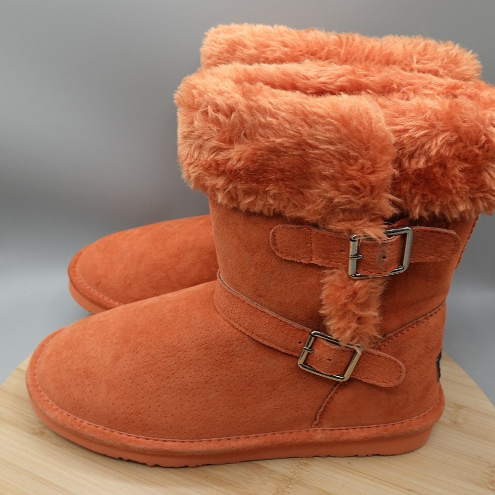 Lamo Boots Womens 7 Orange Suede Faux Fur Buckle Winter Boots Outdoors Flaw